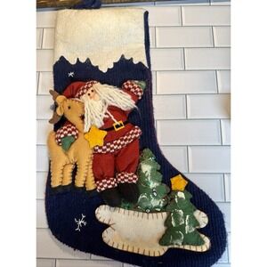Christmas Stocking. Blue Knit And Santa Reindeer Country Cottage Core Holiday